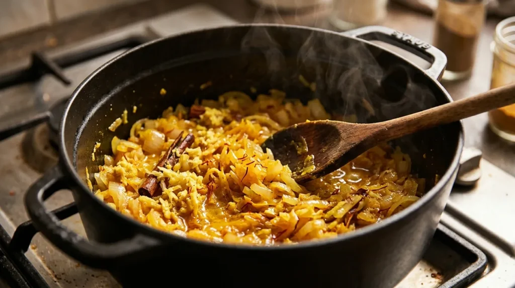  Onions, ginger, cinnamon, and saffron cooking together in a pot for lamb tagine 