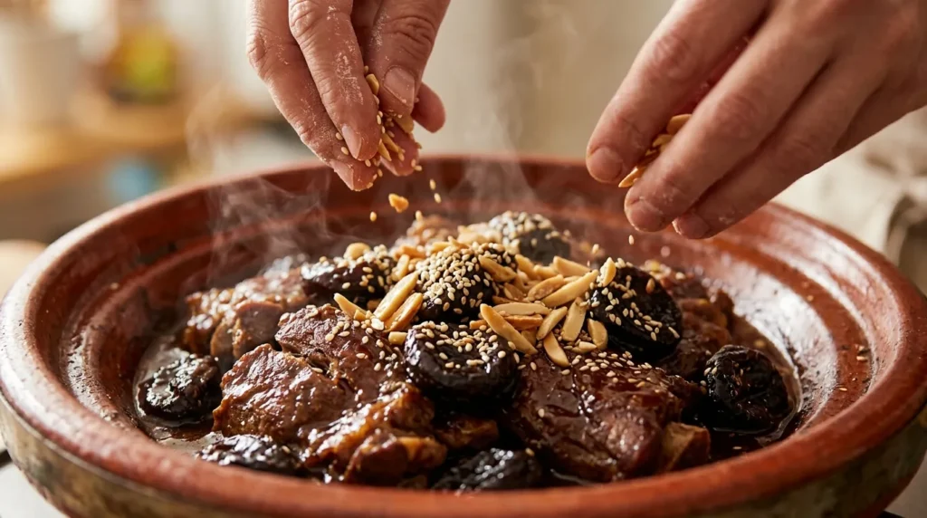 Toasted almonds and sesame seeds being scattered over a finished lamb and prune tagine