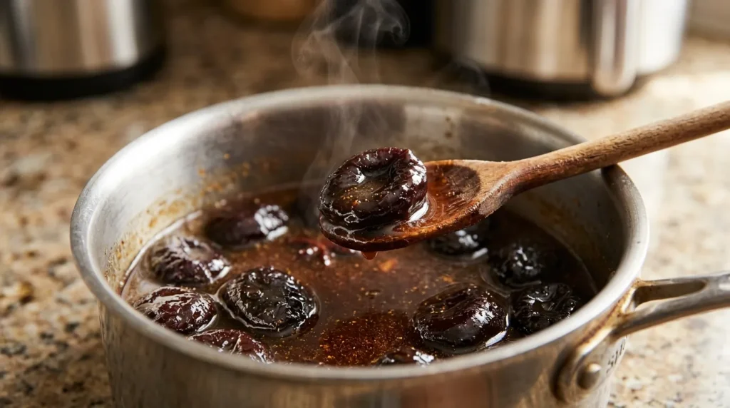  Prunes simmering in a glossy honey and spice glaze in a small saucepan 
