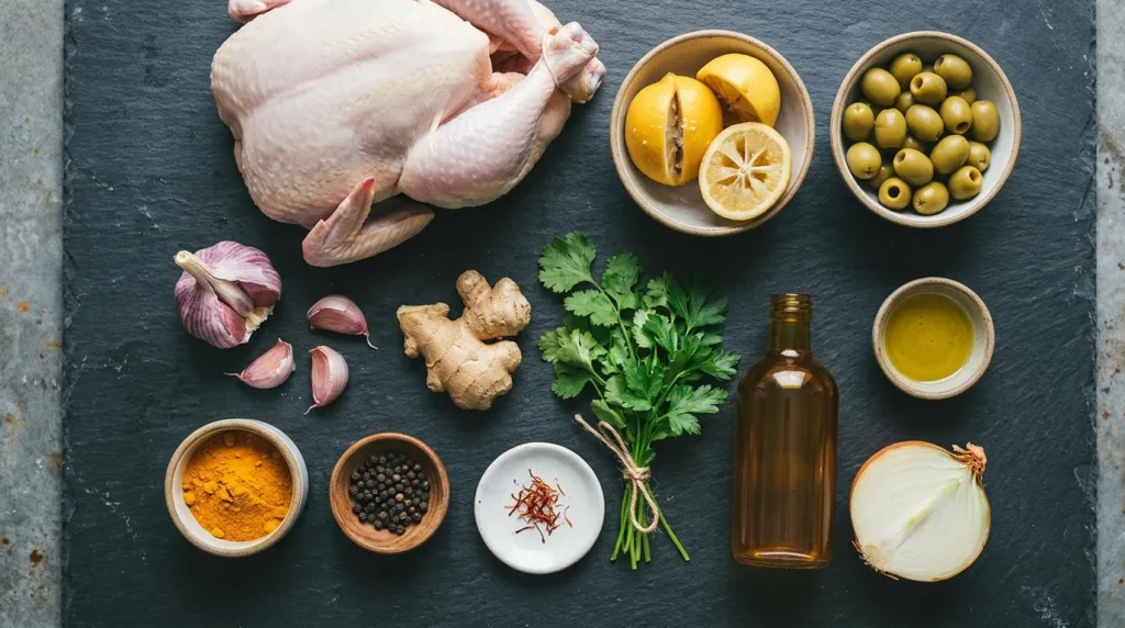 Raw whole chicken with preserved lemon, green olives, garlic, and Moroccan spices laid out for roasting
