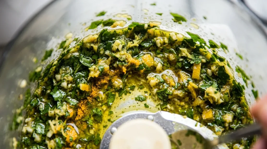 Green and gold Moroccan herb marinade with preserved lemon and turmeric being blended