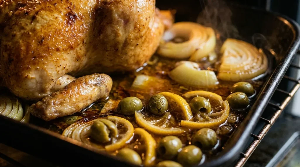 Green olives and preserved lemon rind added to pan juices around a roasting chicken