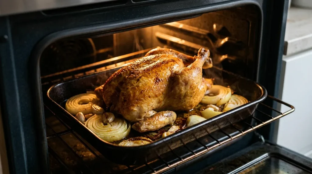 Whole chicken roasting in the oven over sliced onions with skin turning golden-brown