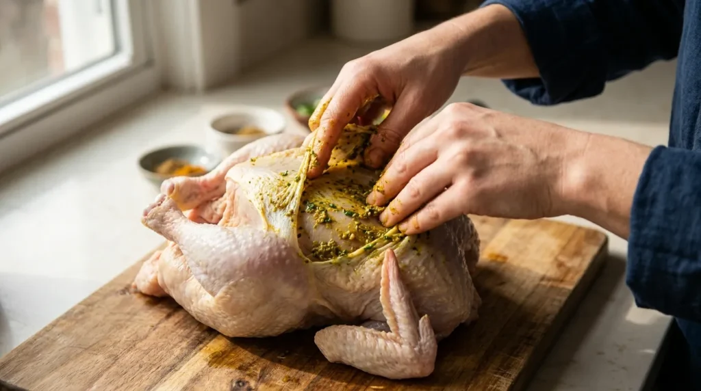 Hands rubbing Moroccan marinade under the skin of a raw whole chicken