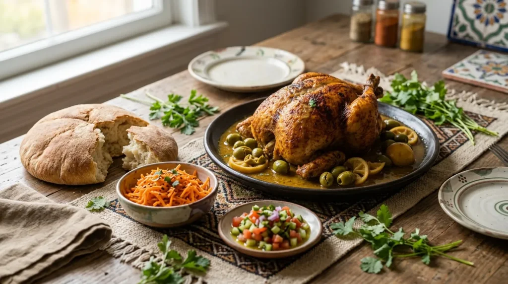 Serving Moroccan Roasted Chicken with Traditional Sides