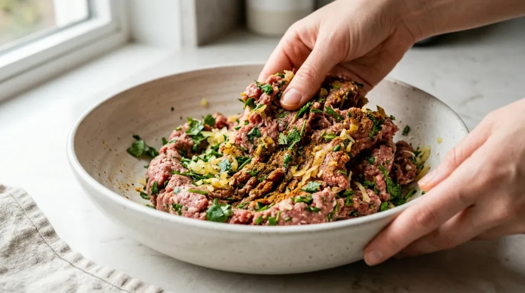 Seasoned ground lamb mixture being combined with fresh herbs and spices in a bowl
