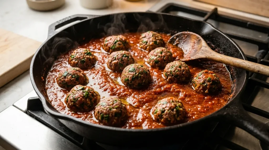 Traditional Moroccan kefta tagine with lamb meatballs, tomato sauce, and poached eggs