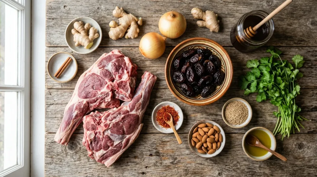 Raw lamb shoulder, prunes, saffron, ginger, and almonds arranged for Moroccan tagine
