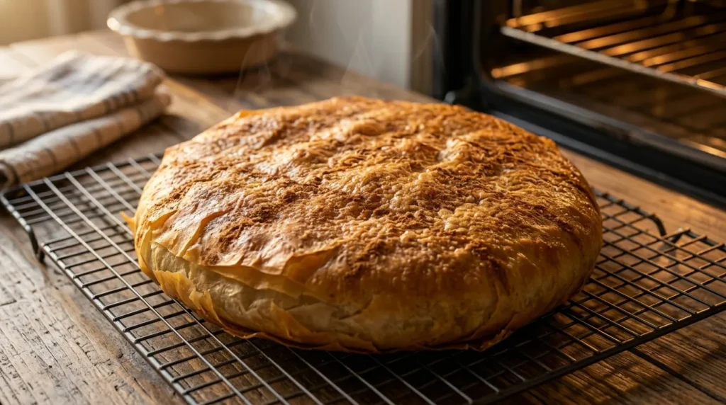 Freshly baked Moroccan Pastilla with deeply golden crisp crust