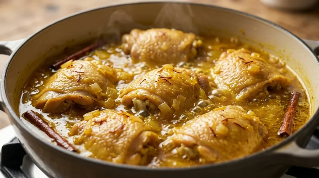 Chicken simmering with onion and Moroccan spices for Pastilla filling
