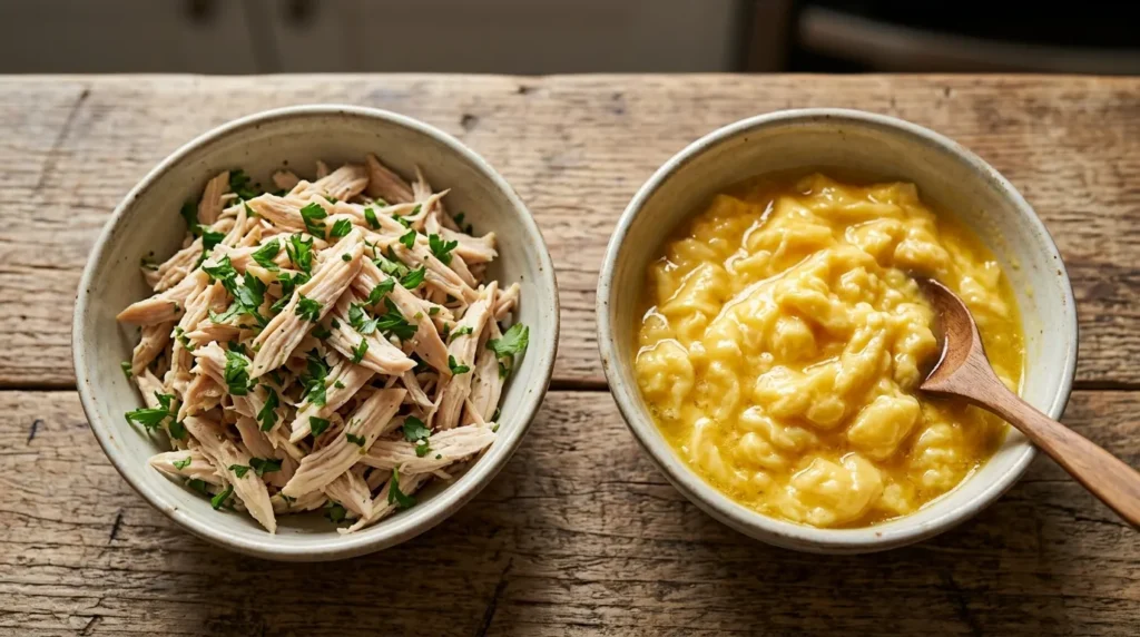 Shredded chicken and soft egg mixture for Moroccan Pastilla filling
