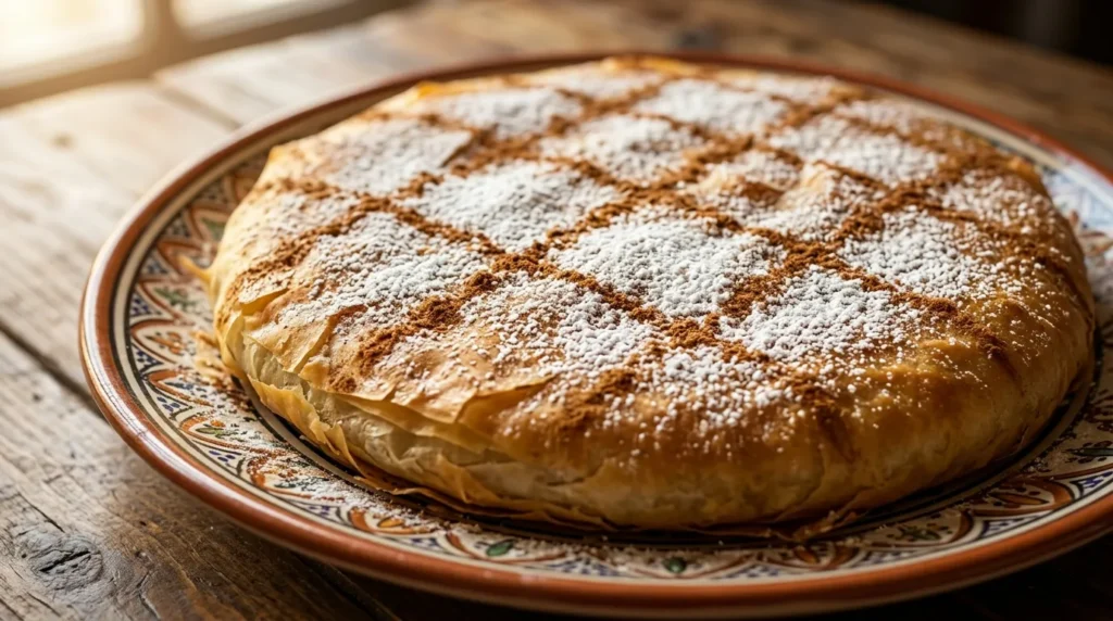 Golden Moroccan chicken Pastilla dusted with powdered sugar and cinnamon