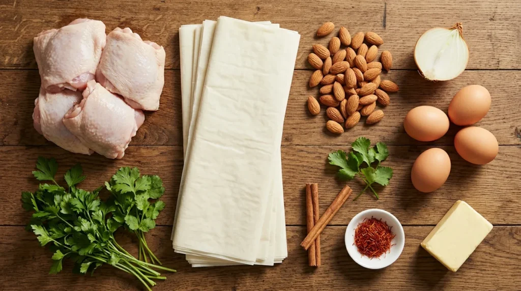 Raw ingredients for Moroccan Pastilla including chicken, almonds, and phyllo