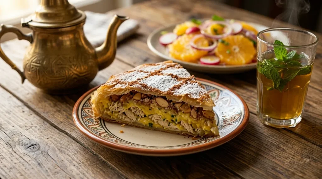 Sliced Moroccan Pastilla revealing layers, served with mint tea