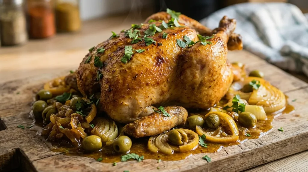 Finished Moroccan roasted chicken with crisp skin, olives, and reduced pan sauce on a carving board