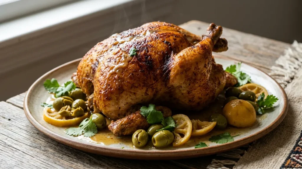 Whole Moroccan roasted chicken with crisp golden skin, green olives, and preserved lemon