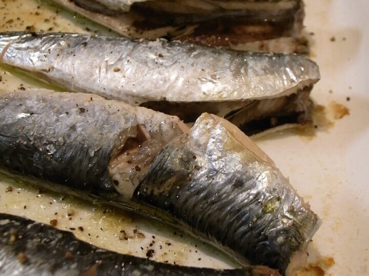 Sardines cuites alignées sur une assiette.
