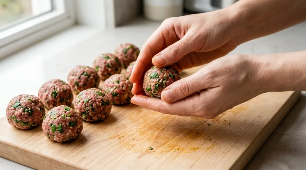 Moroccan lamb meatballs gently simmering in spiced tomato sauce in a skillet