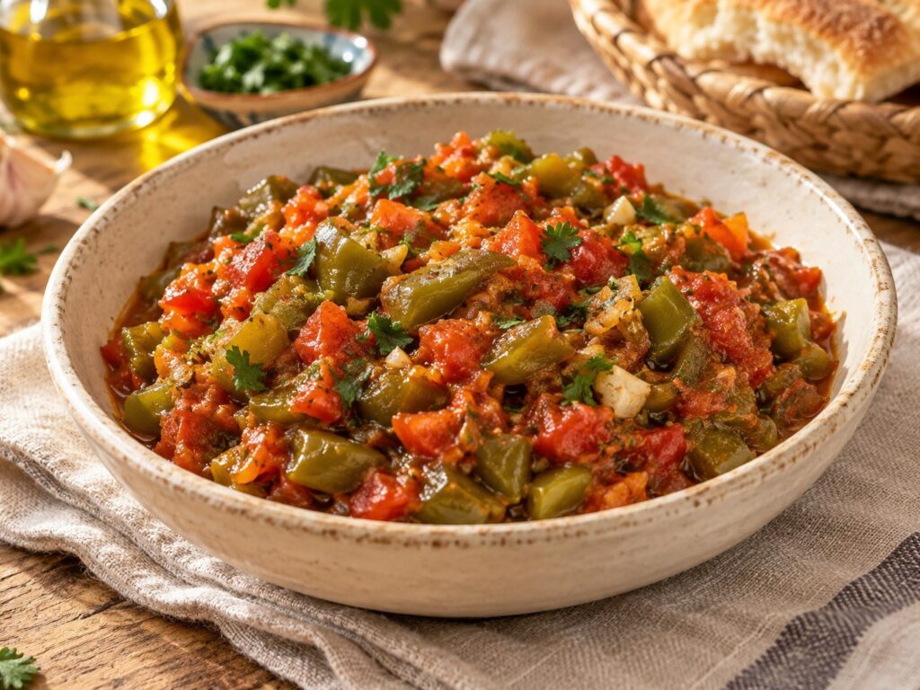 Poivrons et tomates cuits en taktouka, illustration générée par IA.