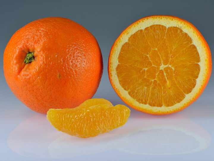 Oranges entières, demi-orange et quartier présentés sur fond clair.